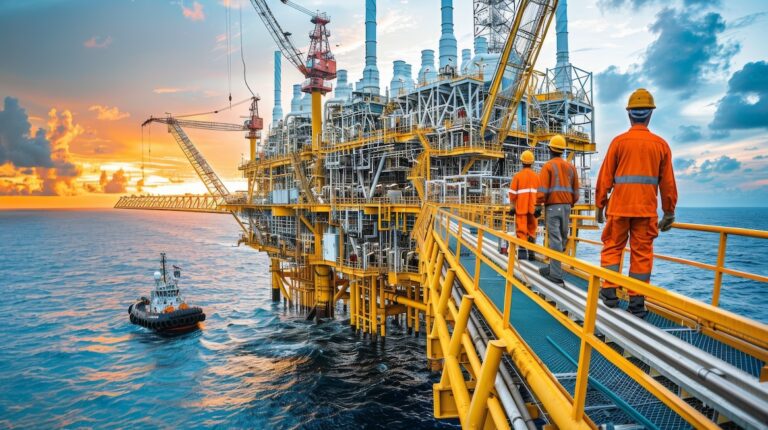 A sunset over the ocean with two oil rigs in the water. The sky is filled with clouds and the water is calm